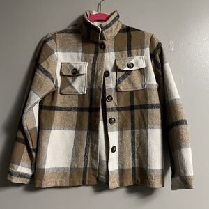 Women’s Shacket Plaid Brown White Spring Polyester
